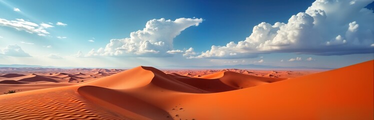Fototapeta premium Vast desert landscape. Red sand dunes stretch under dramatic sky. Fluffy clouds float against clear blue sky. Sunlight bathes dunes in warm orange-red glow. Amazing natural view. Impressive arid