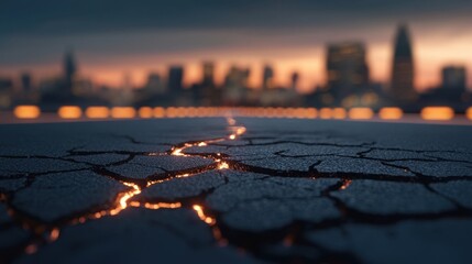 Futuristic skyline with glowing pathways connecting cracked pavements urban cityscape at dusk digital art modern environment dramatic viewpoint urban resilience concept