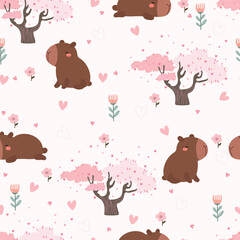Seamless pattern with cute capybaras, flowers, hearts and love trees with many hearts. Cute hand drawn pattern with animal for wrapping paper, Valentine's Day, Wedding, card.