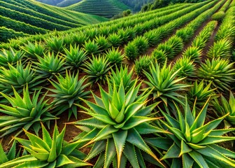 Aerial View of Lush Aloe Vera Leaves in a Vibrant Green Landscape Captured by Drone Photography, Showcasing Nature's Beauty and the Healing Properties of this Versatile Plant