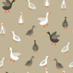 Herd of ducks with bow tie  funny cute seamless pattern animals zoo wildlife illustration