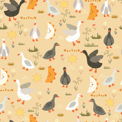Seamless pattern with ducks, plants, sun, moon and hearts on yellow background, doodle. Deamless pattern with cute animal.
