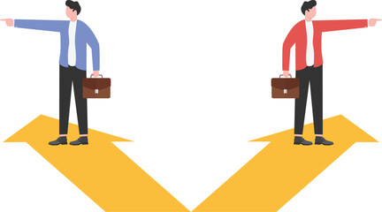 Two businessmen standing on arrows pointing in different directions,
