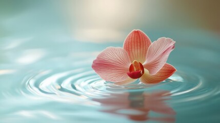 A closeup of a delicate orchid petal floating gracefully on still water, with gentle ripples and soft lighting