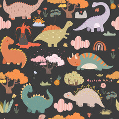 Dino friends. Funny cartoon dinosaurs , volcano plants , mountain. Hand drawn seamless vector doodle set for kids. Good for textiles, wallpapers, wrapping paper, clothes.