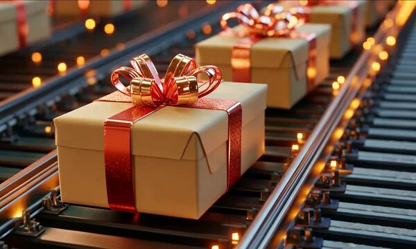 Gift boxes placed on a cargo delivery track for online Christmas shopping symbolize the celebration of logistics concepts or tracking applications.