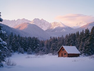 Winter Cabin Nestled Amongst Snowy Mountains And Trees