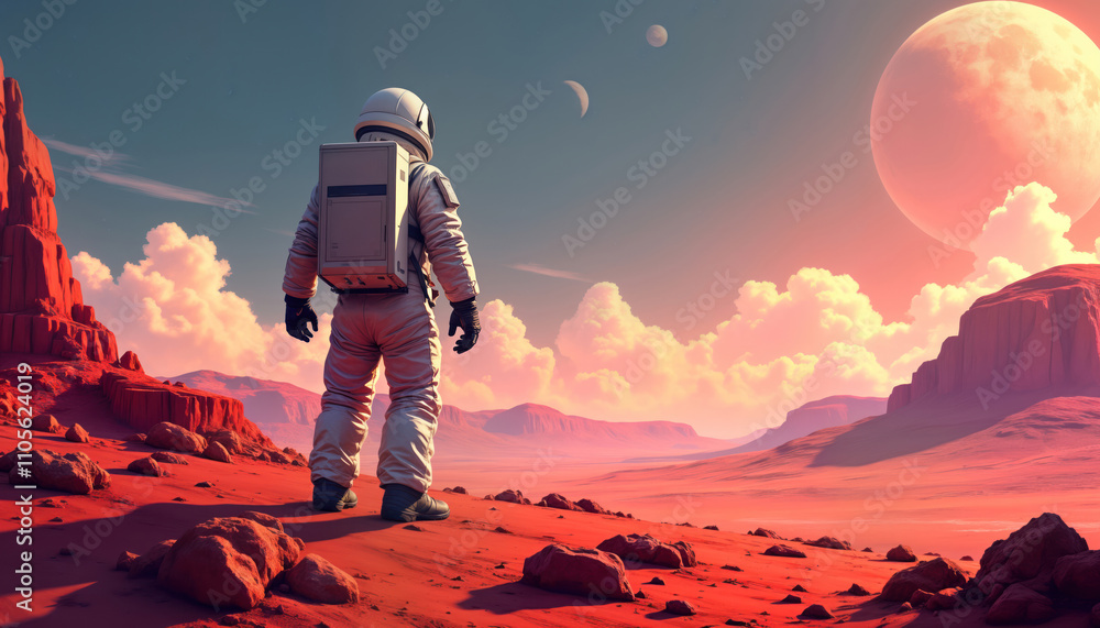 Aufkleber astronaut explores red planet surface. back view of person in space suit gazing at alien landscape. 