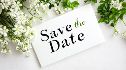 Save Date card with white flowers on table