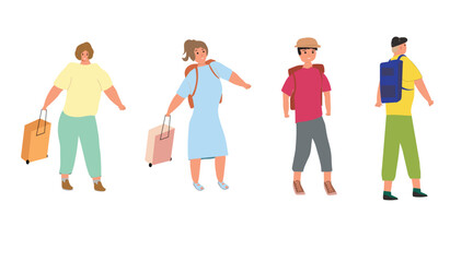 Tourist and traveler characters  men and women with backpacks, luggage,  on trips abroad. Line art flat vector illustration set.