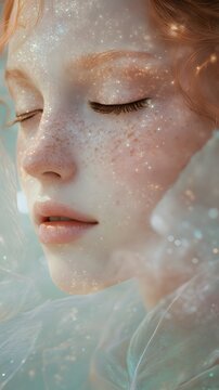 Close up of a fairy like woman with shimmering freck AI generated illustration