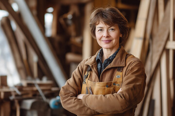 Skilled carpenter poses proudly in workshop filled with wooden materials. Generative AI