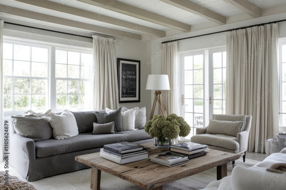 Canvas Prints Tranquil Living Room With Gray Sofa And Wooden Coffee Table