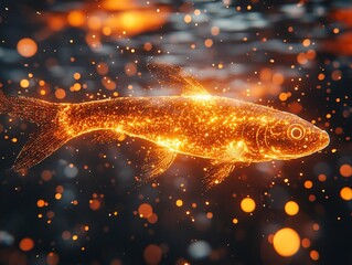 A glowing fish swims through sparkling water, creating a mesmerizing display of light and color.