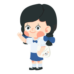 student holding a fabric bag stands waving