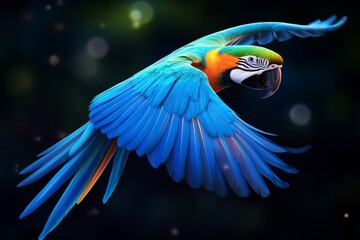 Colorful Macaw Parrot in Flight with Dark Background