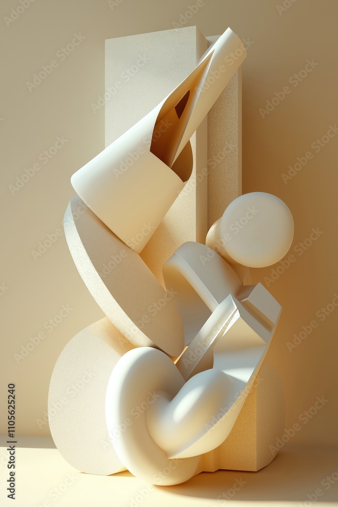 Poster abstract 3d geometric shapes arranged on beige background. composition of various forms, sizes. soft