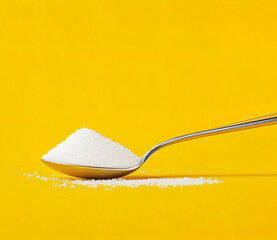 Spoon photo of white sugar powder on the spoon on a yellow background