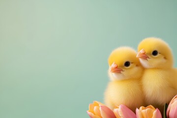 easter chicks and tulips, cute easter chicks with colorful tulips on pastel background, space for text