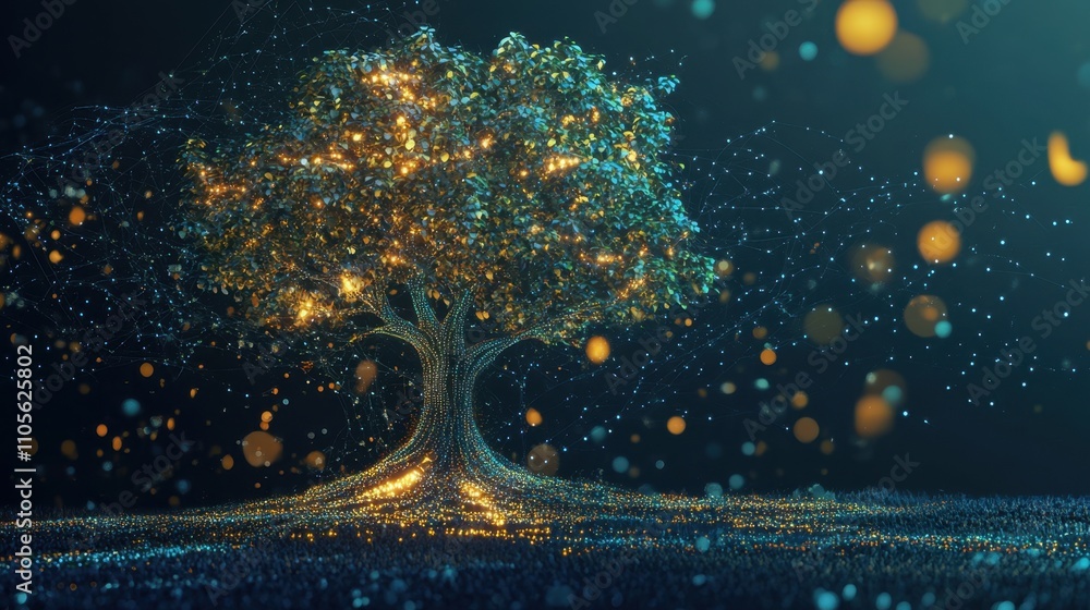 Aufkleber a conceptual tree with luminous digital patterns and natural leaves, symbolizing innovation and inte