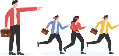 The leader or manager guides the blindfolded group of businessmen forward, avoiding blindness, mistakes, pitfalls, failures and crisis-filled business directions,

