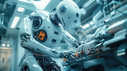 Fototapeta premium A humanoid robot working on a technological device in a futuristic lab environment.
