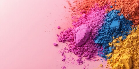 Vibrant holi color powder on pink background for festival celebration