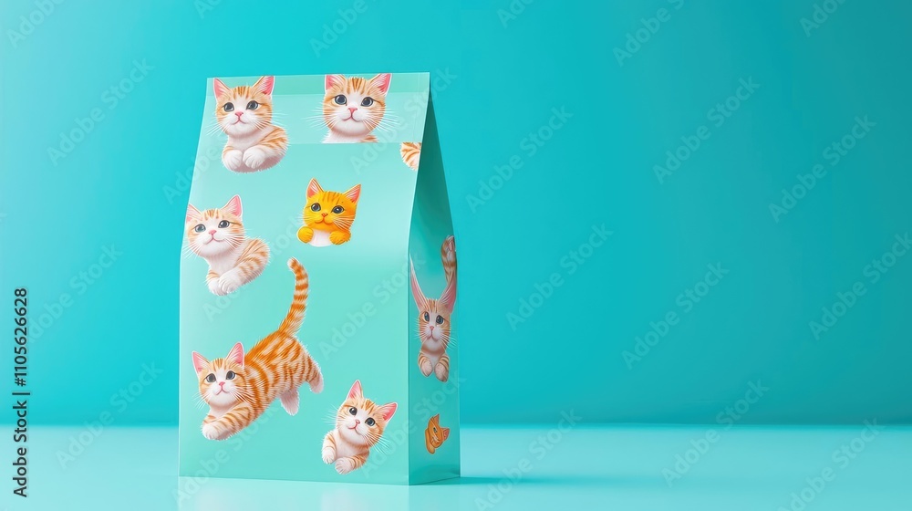 Wall mural cat food packaging concept. space-themed cat food bag with floating cats in zero gravity