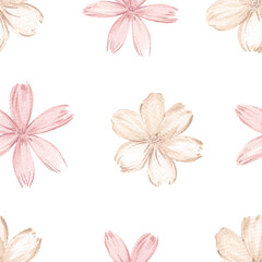 Watercolor seamless pattern with pastel flowers. Cute print with pastel flowers, pink and beige. Romantic illustration, wallpaper for design and decoration. Valentine's Day holiday