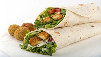 Vegetarian Tortilla wrap with falafel and fresh salad, vegan tacos isolated on white background. Fast food