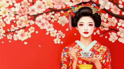 kimonoceremony  cultural concept. 
A traditional Japanese woman in a colorful kimono holds a tea bowl against a backdrop of cherry blossoms and a vibrant red wall.