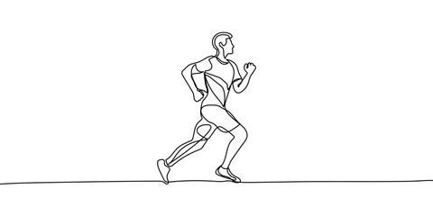Fototapeta premium One single line drawing of young happy runner man wearing hoodie exercise to improve stamina vector illustration. Healthy lifestyle and competitive sport concept. Modern continuous line draw design
