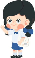 student holding a fabric bag stands waving