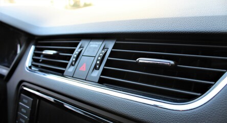 Obraz premium Media system on the control panel of the car, the management console, emergency stop button, car interior - Image