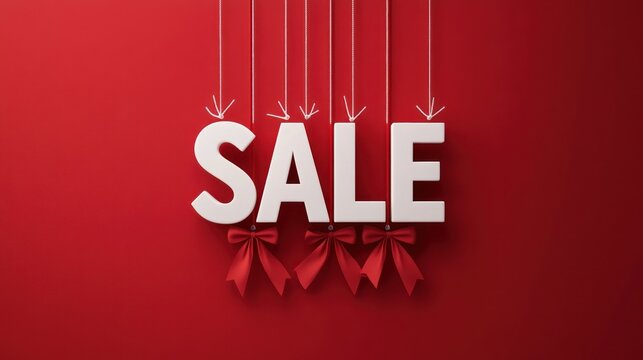 Hanging SALE sign with red bows on red background.
