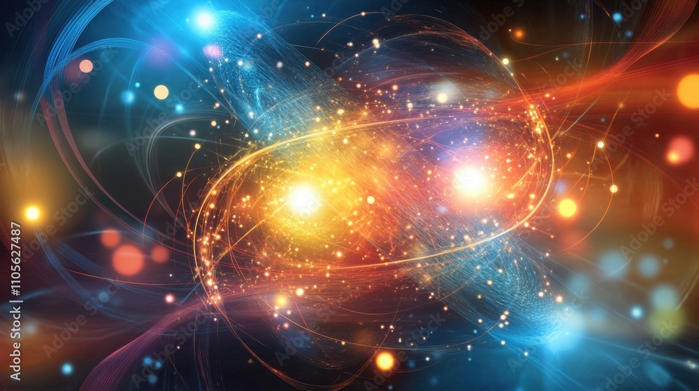 Poster a creative portrayal of quantum teleportation, featuring dynamic particle networks and energy flows 