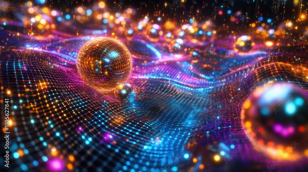 Poster a creative visualization of quantum simulation, showcasing dynamic, glowing models of quantum system
