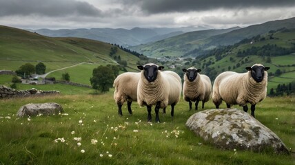 Obraz premium Here's a possible response, keeping within the character limit and using only single-word keywords.. Three sheep face camera in idyllic valley.
