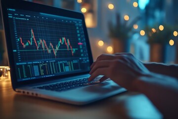 A user is shown analyzing fluctuating stock market trends on a laptop screen, symbolizing investment, finance, and the volatility of global financial markets.