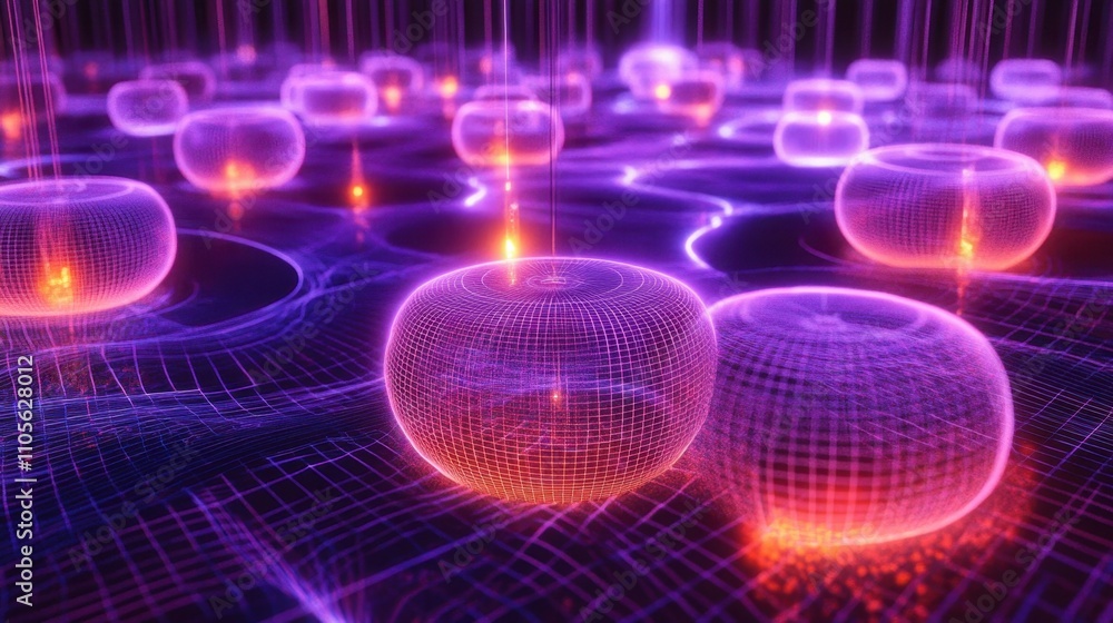 Poster a creative visualization of quantum simulation, showcasing dynamic, glowing models of quantum system