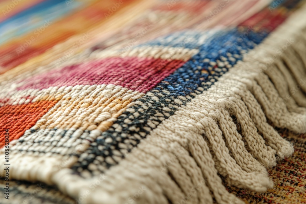 Poster A vibrant close-up of a woven textile displaying multi-colored geometric patterns and fringes, showcasing intricate craftsmanship and detailed design work.