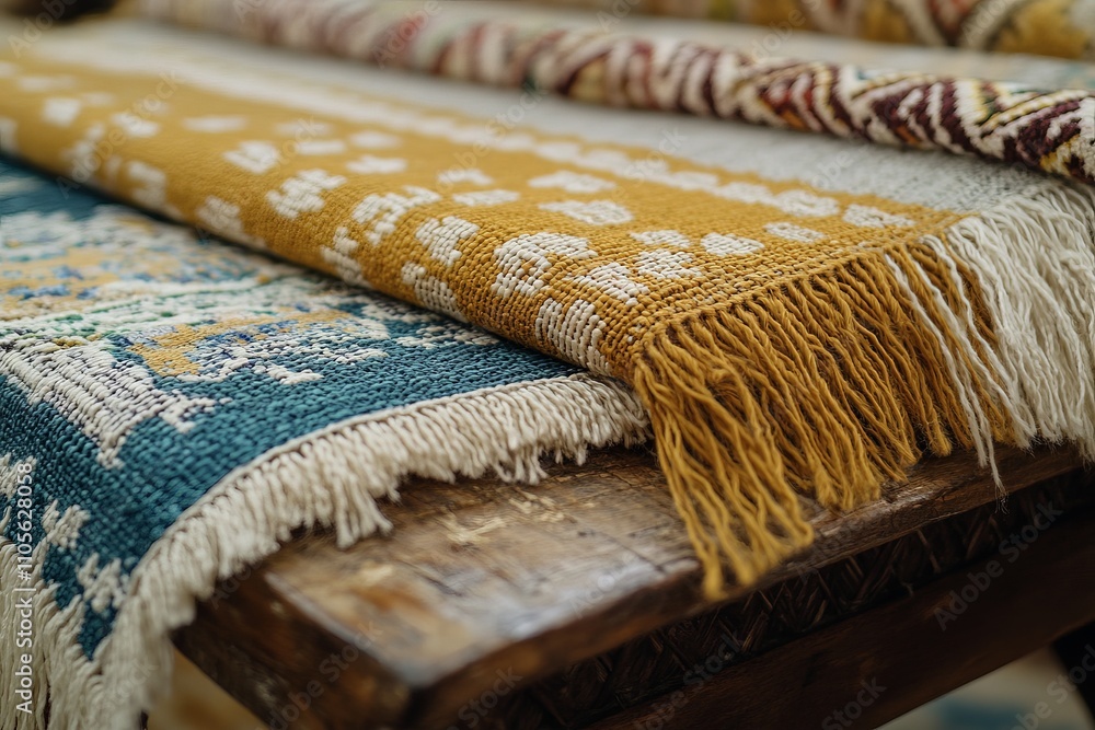 Poster Various woven textiles with intricate designs displayed on a rustic wooden table, highlighting diverse patterns and colors, reflecting artisanal skill and tradition.