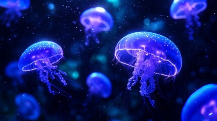 Glowing Blue and Purple Jellyfish Floating in the Deep Ocean