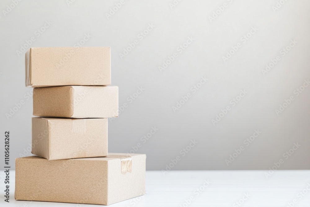 Poster brown cardboard boxes are neatly stacked on a white surface, creating an organized look in a minimal