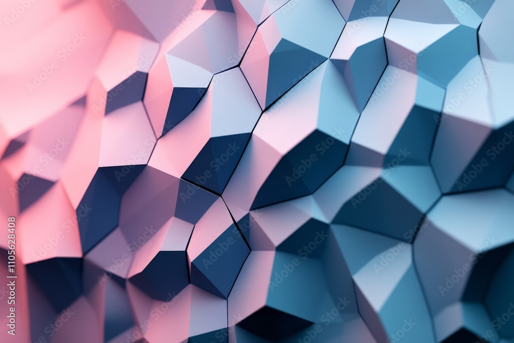 Poster a mesmerizing depiction of a 3d geometric pattern made from pink and blue polygonal shapes creating 