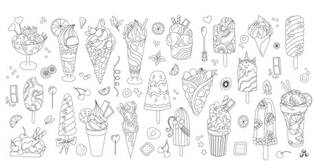 Different sorts of ice cream. Monochrome deserts isolated on white background. Coloring book style for children and adults. Hand drawn line sketch illustration