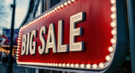 Close-up photo of a red retro sign with white LED text reading "BIG SALE", in a modern, minimalist style. The background shows the entrance to a store, taken during the daytime.