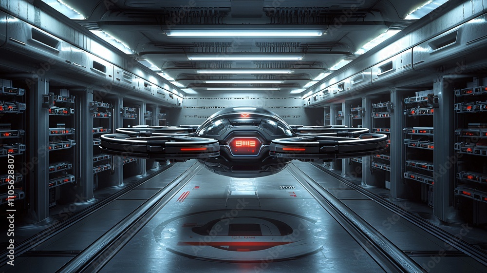 Poster A futuristic office setting with drones delivering documents and AI systems managing workflows Stock Photo with side copy space