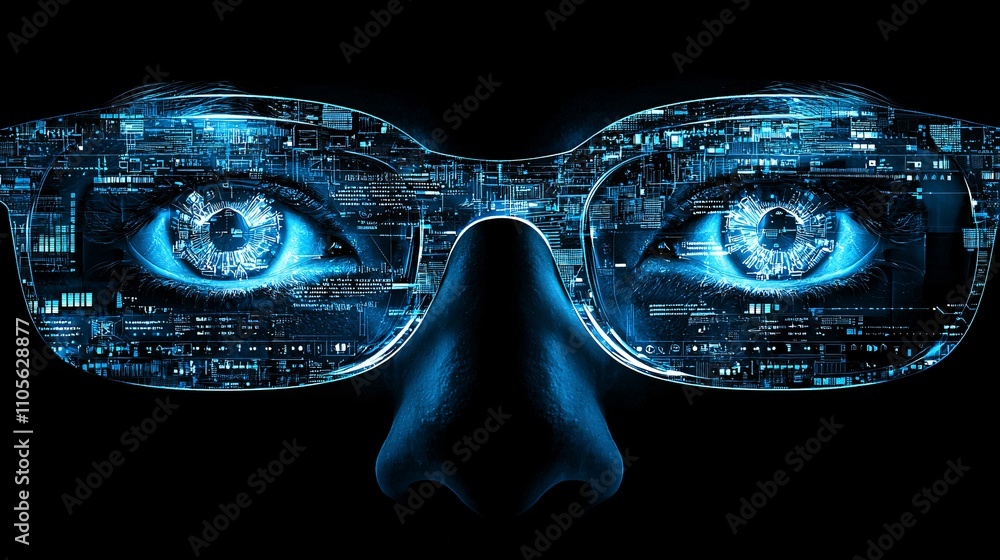 Poster A creative professional designing AI-powered applications on a dual-screen computer setup Stock Photo with side copy space