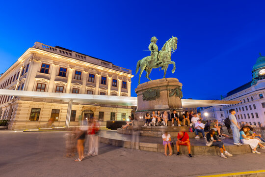 Equestrian statue of Archduke Albrecht, Albertina Museum, night shot, Vienna, Austria